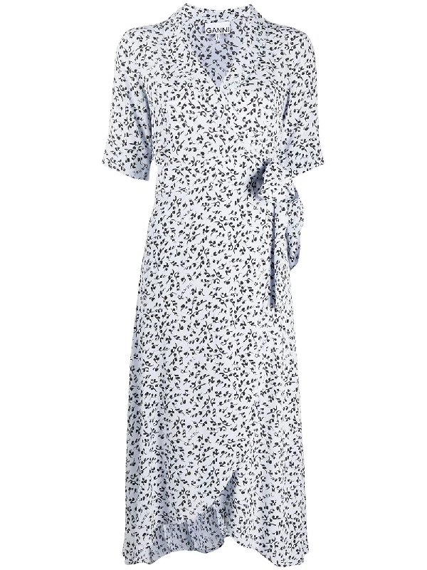 Ganni Floral-print Crepe Wrap Midi Dress In Light Blue | ModeSens